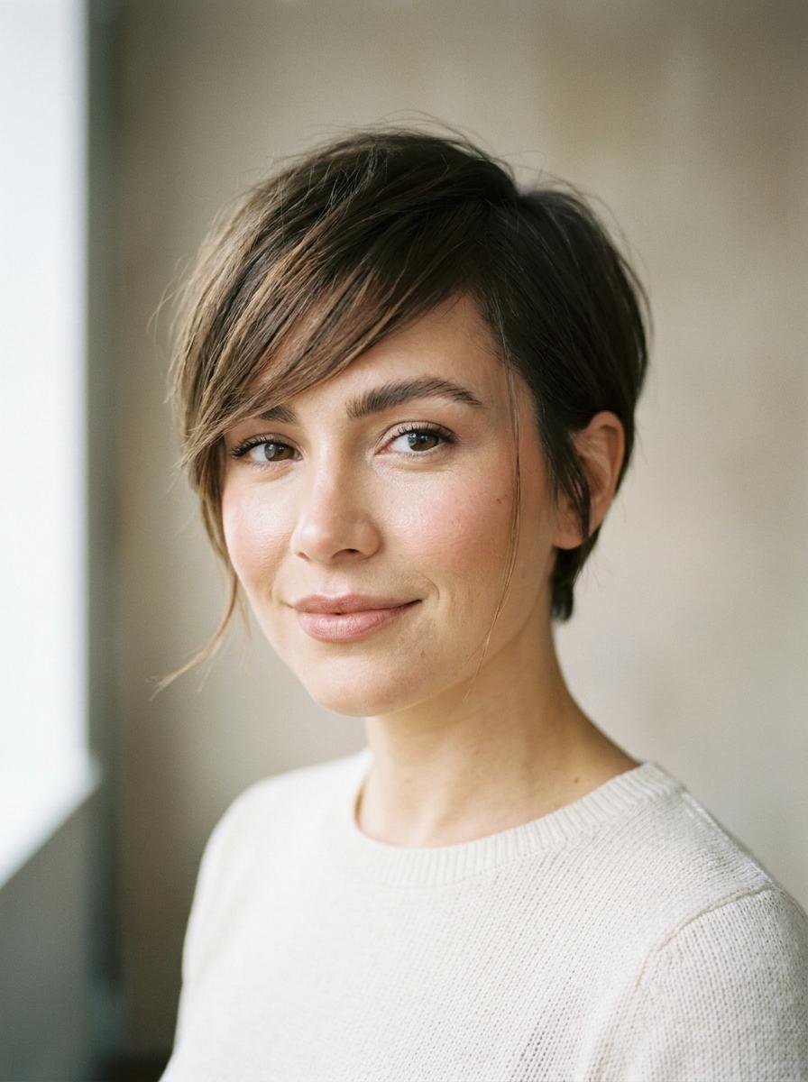 Frecher Pixie mit langem Pony – moderne Frisur für kurze Haare